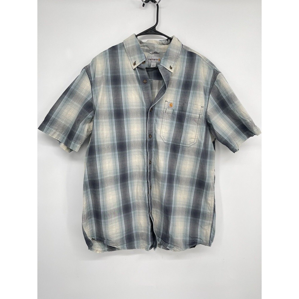Carhartt Large SS Button Down Mens Blue Plaid Excellent Relaxed‎ Fit 104174 BLS